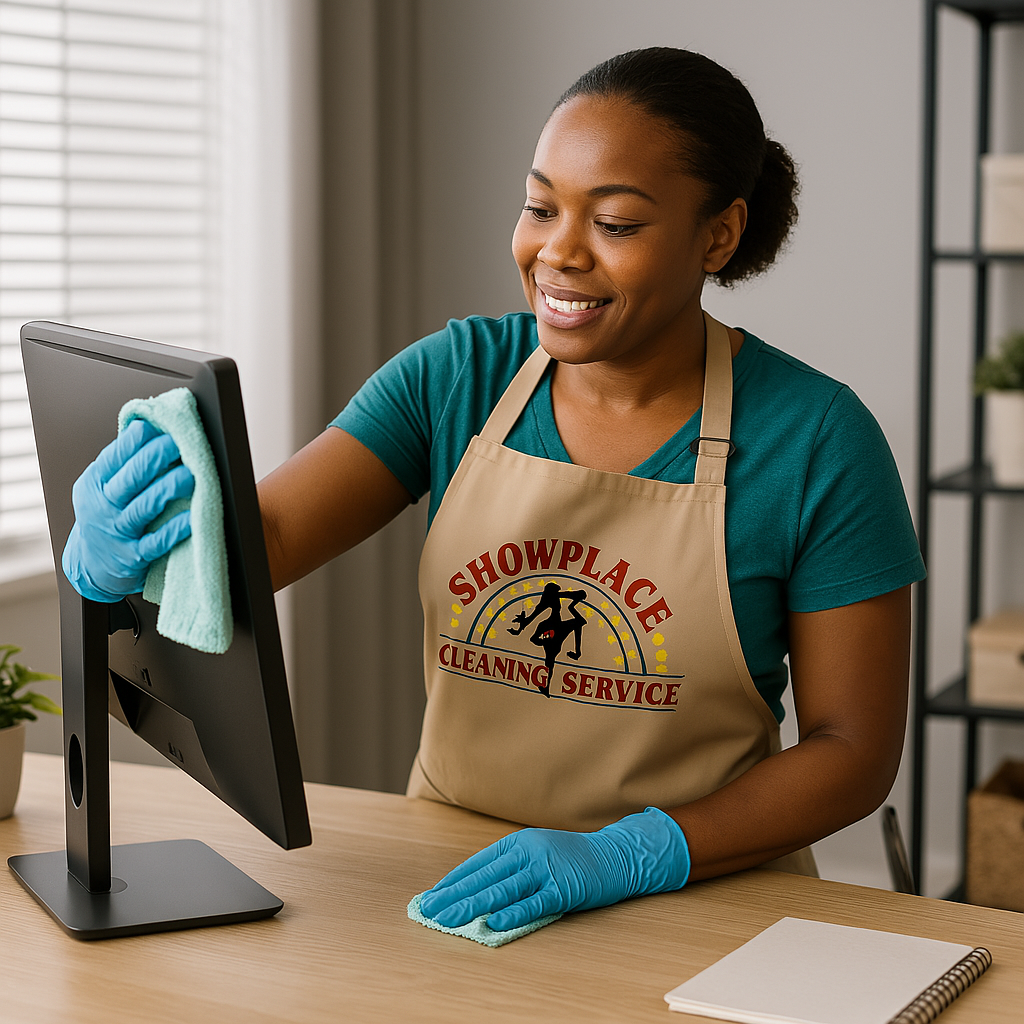 cleaner dusting computer screen